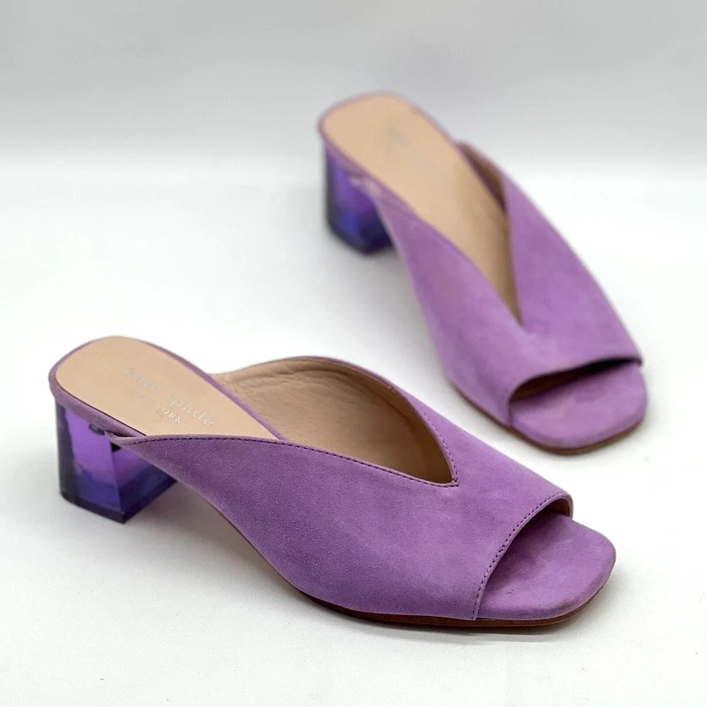 Kate Spade Mules Women 5.5 Purple Suede Lucite Block Heel Crystal Detail